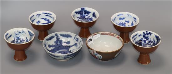 Five Chinese cafe au lait glazed stem bowls and two other bowls